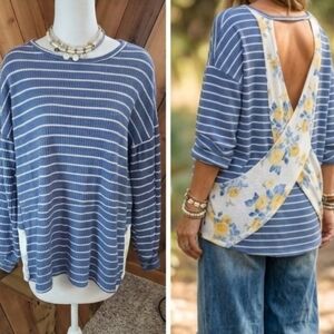 Beautiful 7th Ray Waffle Knit Striped Floral Open Back Top Size M